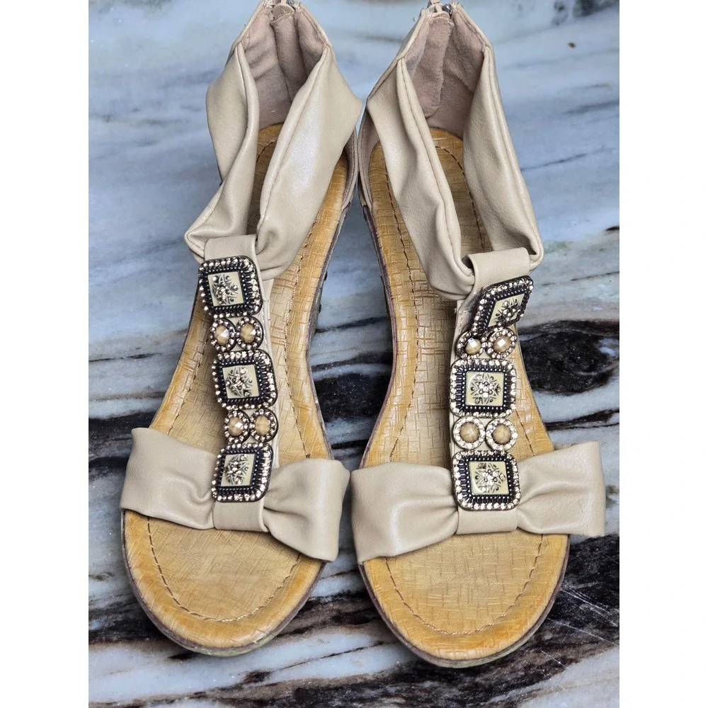 Patrizia by Spring Step Beige Beaded Wedge Sandals Studded Bow T-Strap Size 39